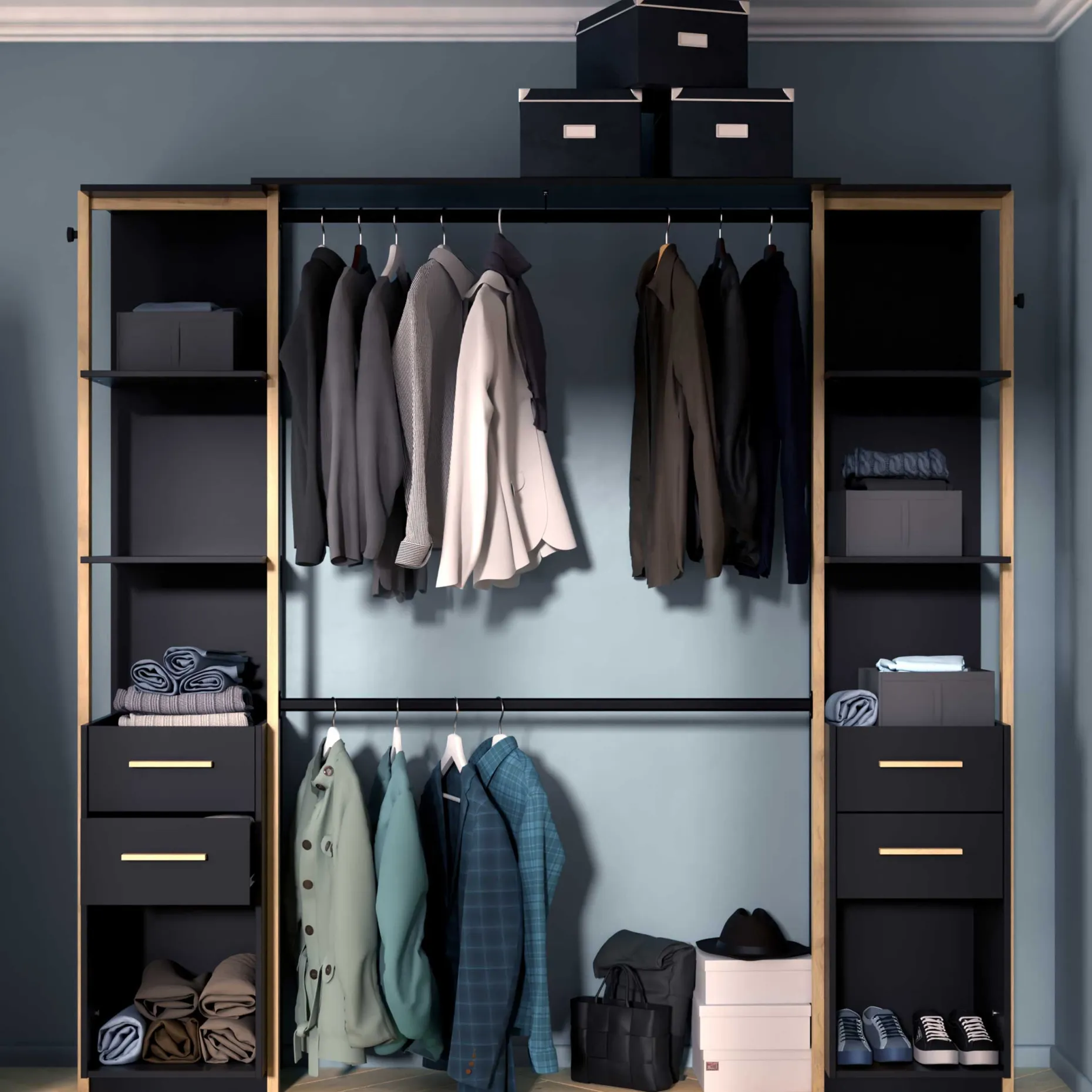 Mono Offener Kleiderschrank - 210x42x204cm - schwarz/Eiche Dekor