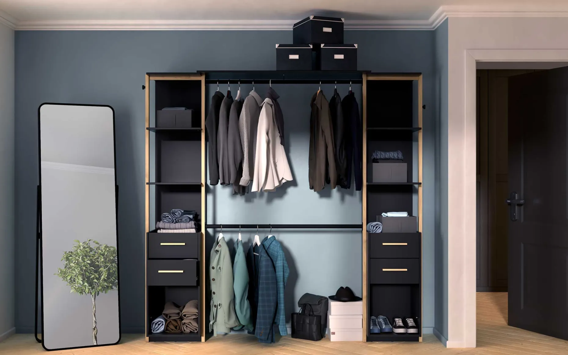 Mono Offener Kleiderschrank - 210x42x204cm - schwarz/Eiche Dekor