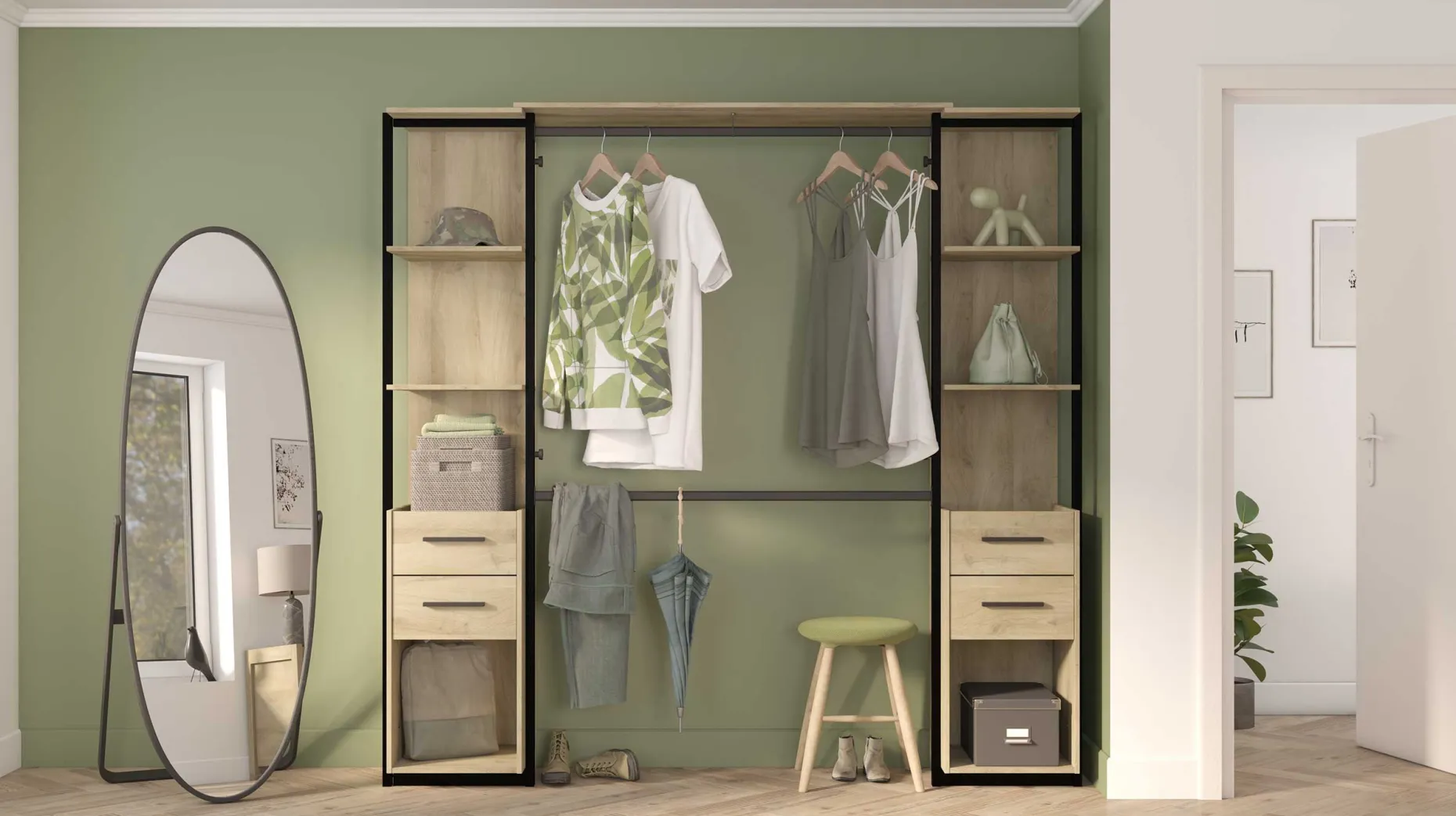 Mono Offener Kleiderschrank - 210x42x204cm - Eiche Dekor/schwarz