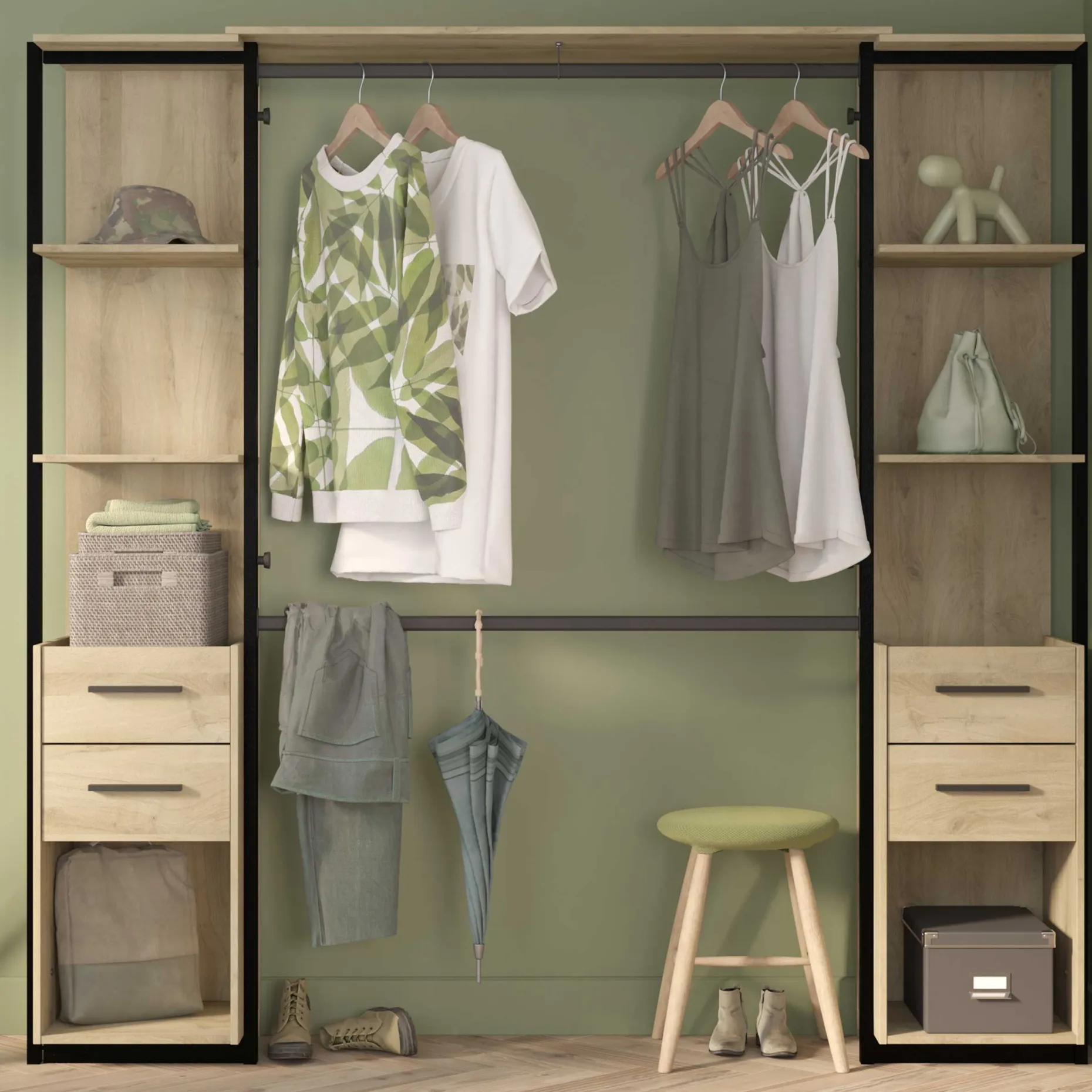 Mono Offener Kleiderschrank - 210x42x204cm - Eiche Dekor/schwarz