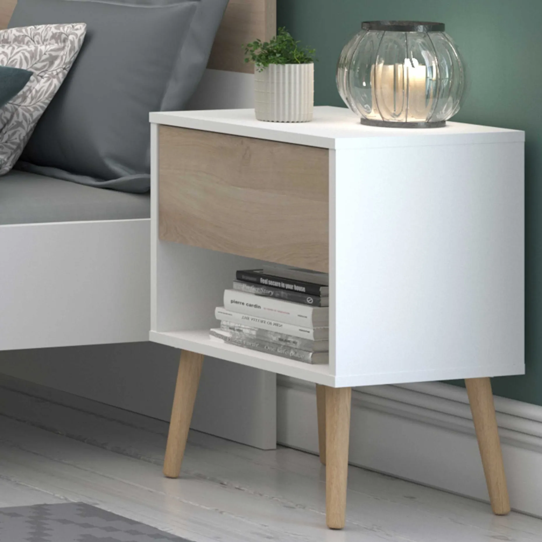 Nachttisch Hardy 44cm 1 Schublade - Molke/Eiche