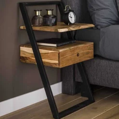 Nachttisch Loku 45cm, 1 Schublade - Massivholz Akazie/Metall