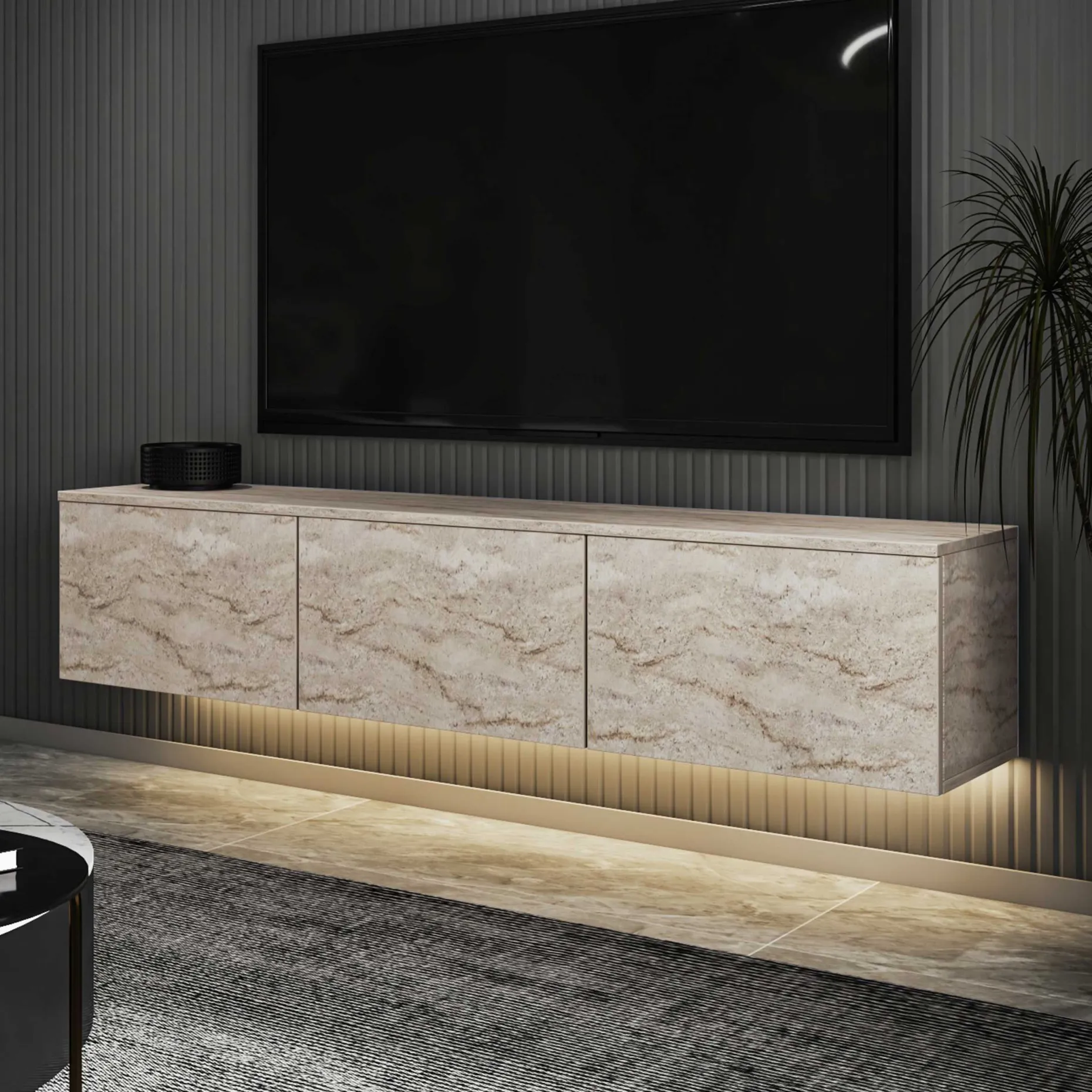 Neon Illuminated TV-Ständer | 100 % MELAMIN | Travertin