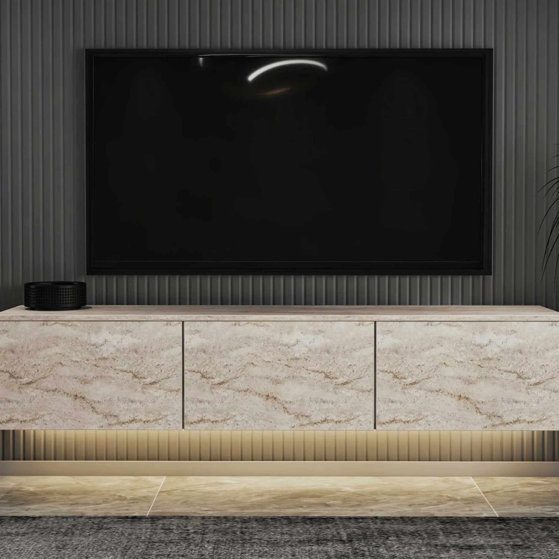 Neon Illuminated TV-Ständer | 100 % MELAMIN | Travertin