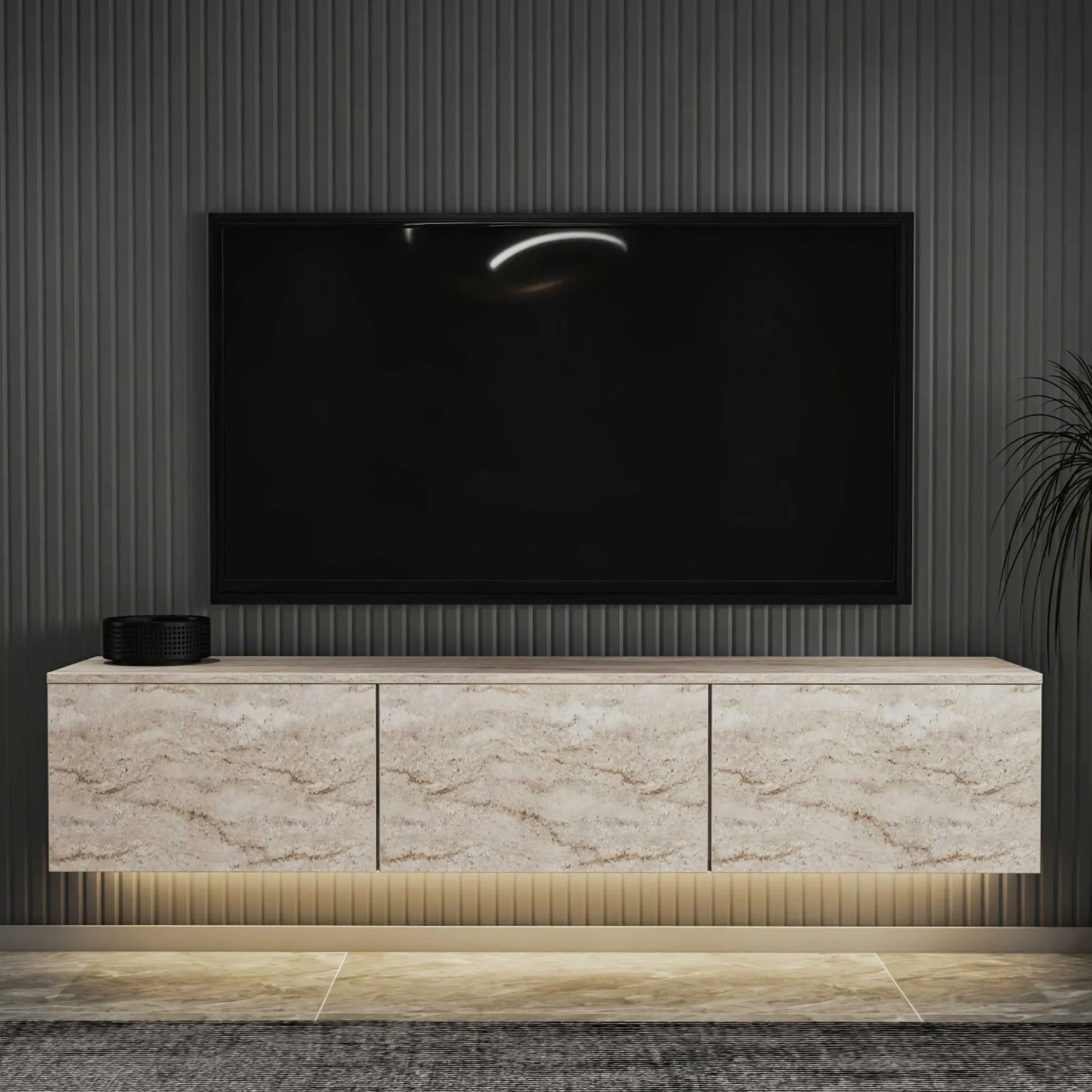 Neon Illuminated TV-Ständer | 100 % MELAMIN | Travertin