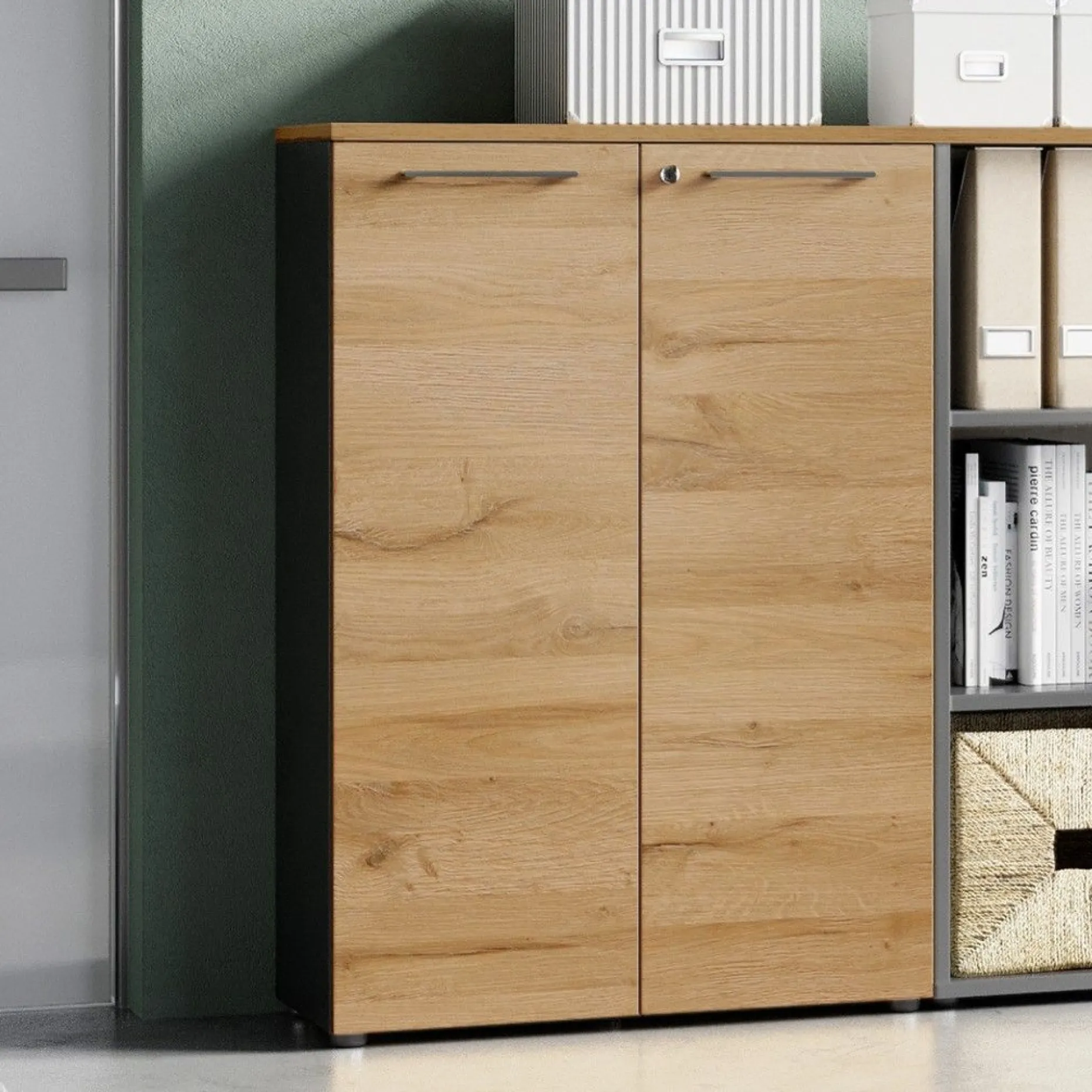 Niedriger Aktenschrank Osmond 80cm mit 2 Türen - Eiche/Graphit