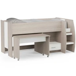 Noni Halbhochbett - 90x200 - mit Schreibtisch und Stauraum - Eiche/Weiß