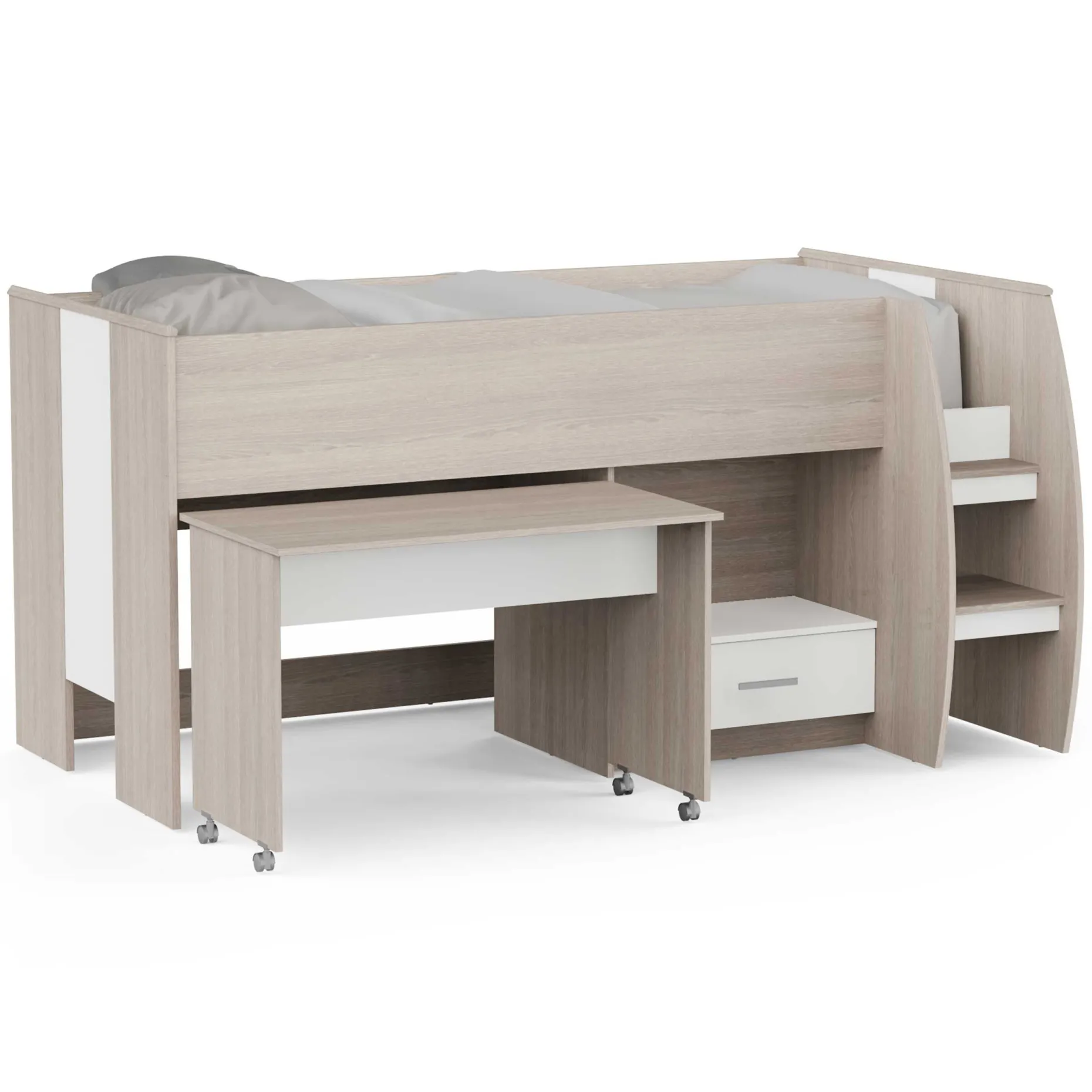 Noni Halbhochbett - 90x200 - mit Schreibtisch und Stauraum - Eiche/Weiß