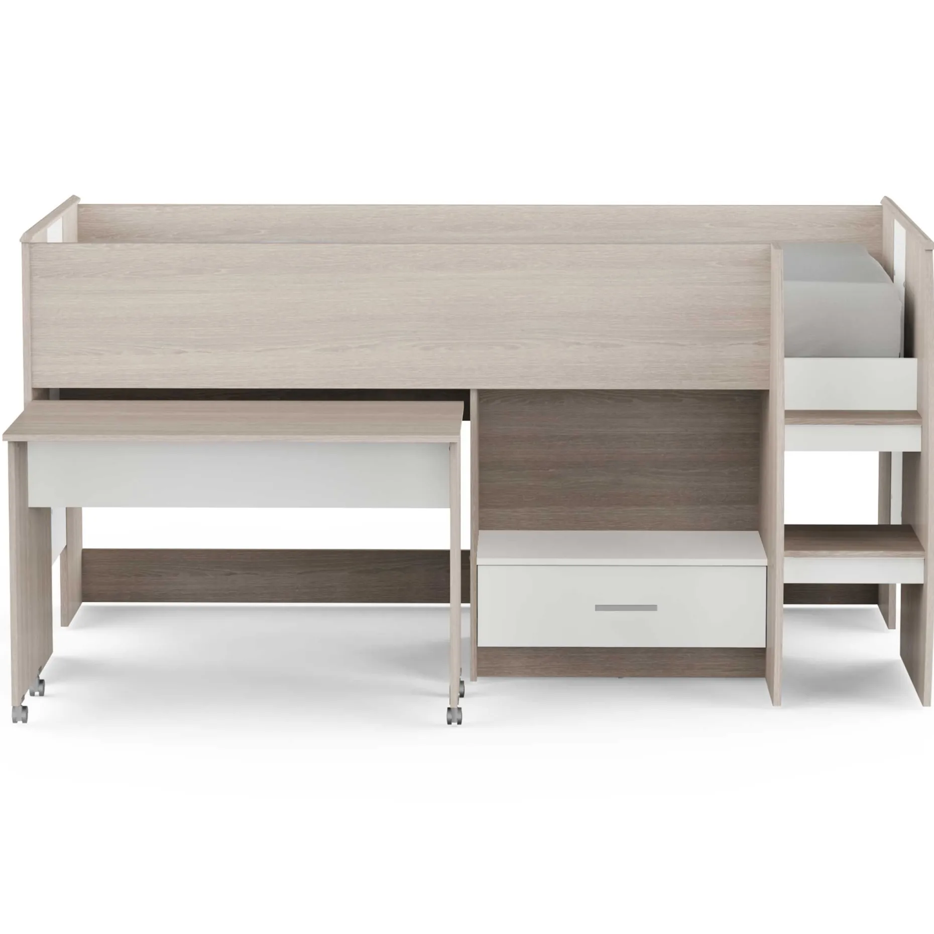 Noni Halbhochbett - 90x200 - mit Schreibtisch und Stauraum - Eiche/Weiß