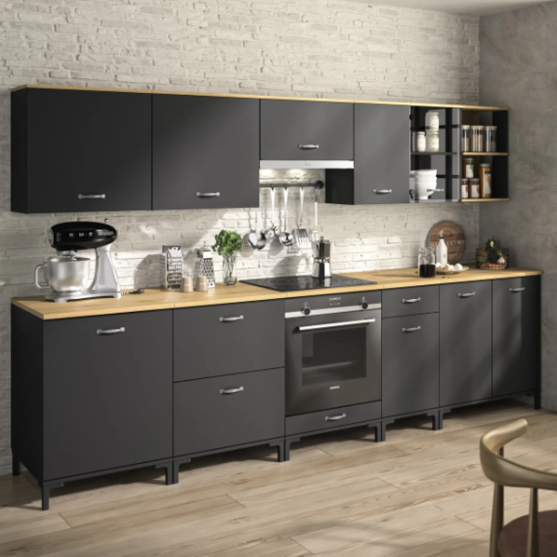 Oberschrank Manno 40cm mit Glastür - schwarz/eiche