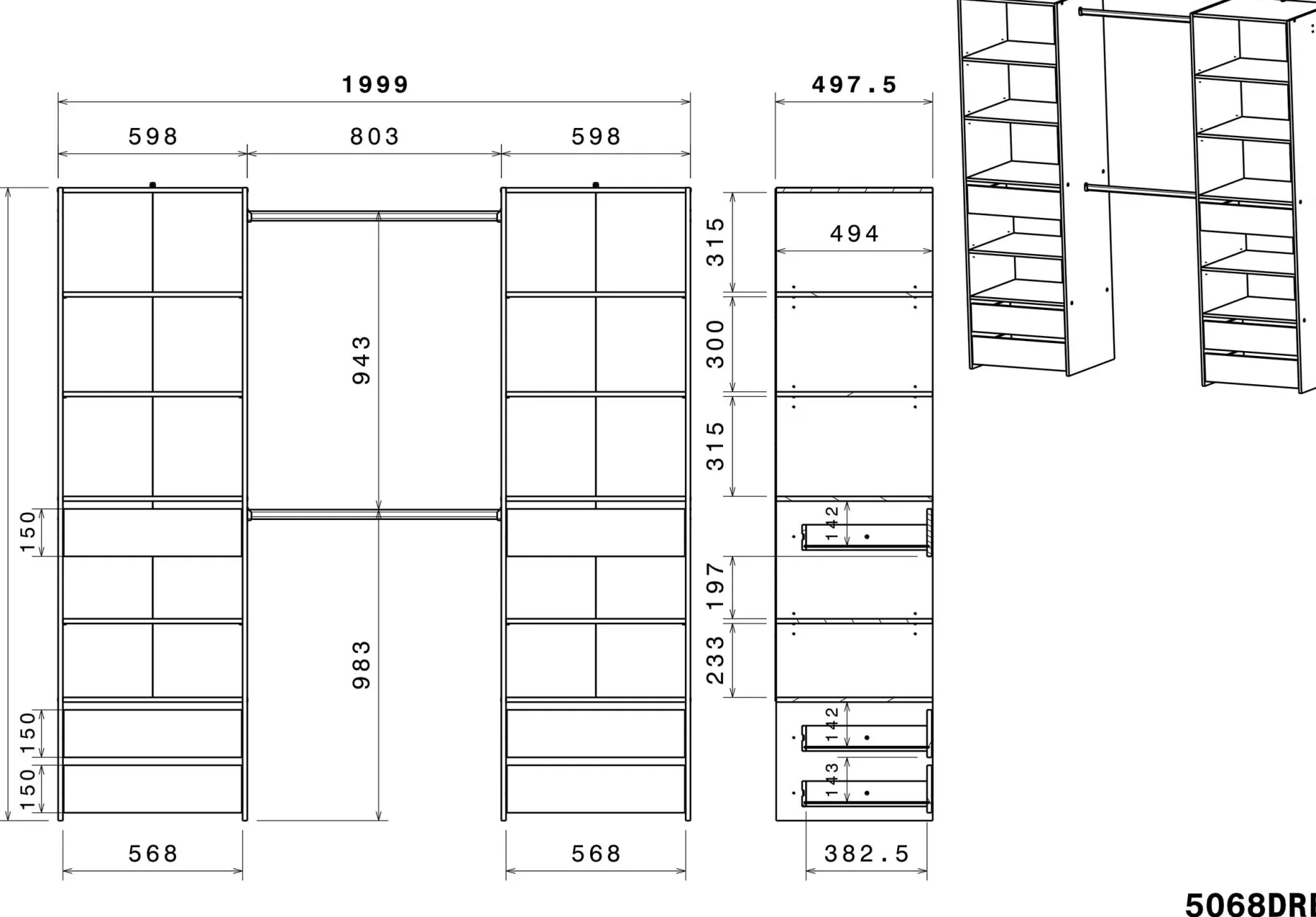 Offener Kleiderschrank Anita - 200x50x200cm - 6 Schubladen - weiß