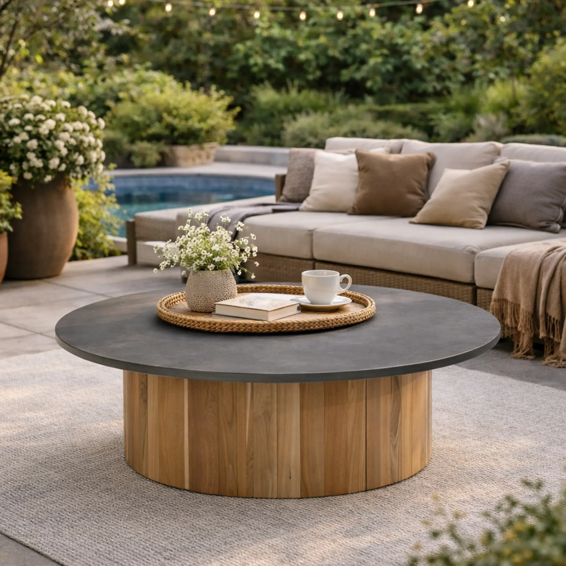 Gescova Outdoor Couchtisch Viola - Ø80 x 32 cm - Teakholz/Dunkelgrau