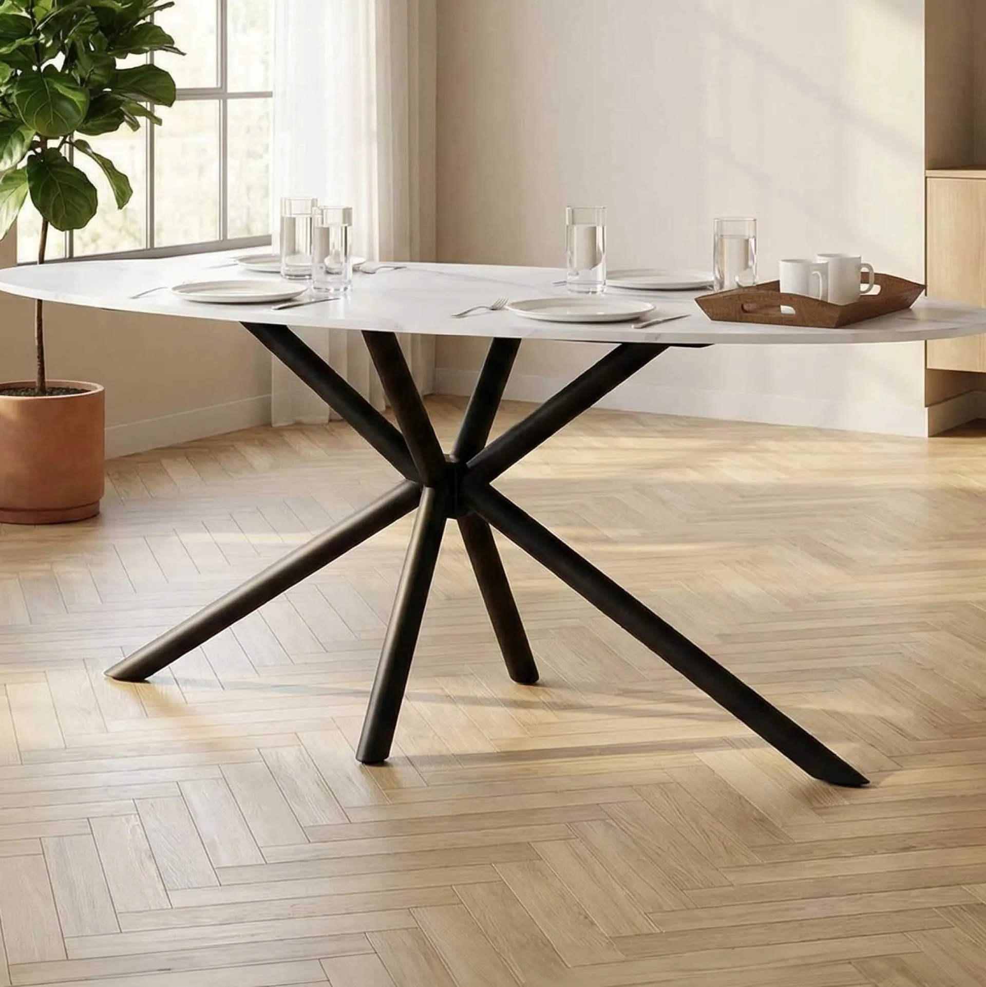 CBA Ovaler Esstisch Matera - 180x90x75cm - Marmor/schwarz