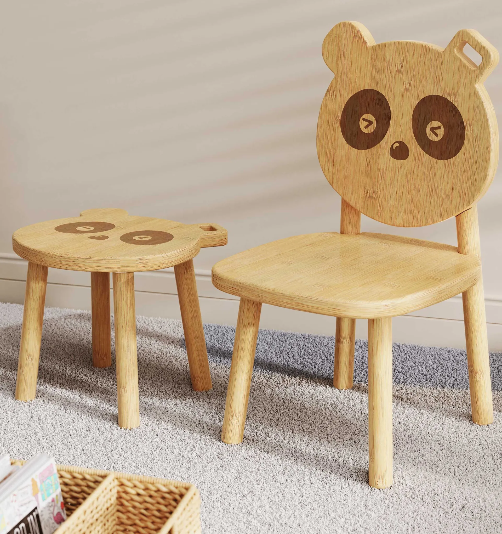 Kinder Emob Exclusive PandaKindertischset : Tisch, zwei Stühle, zwei Hocker - Bambusholz