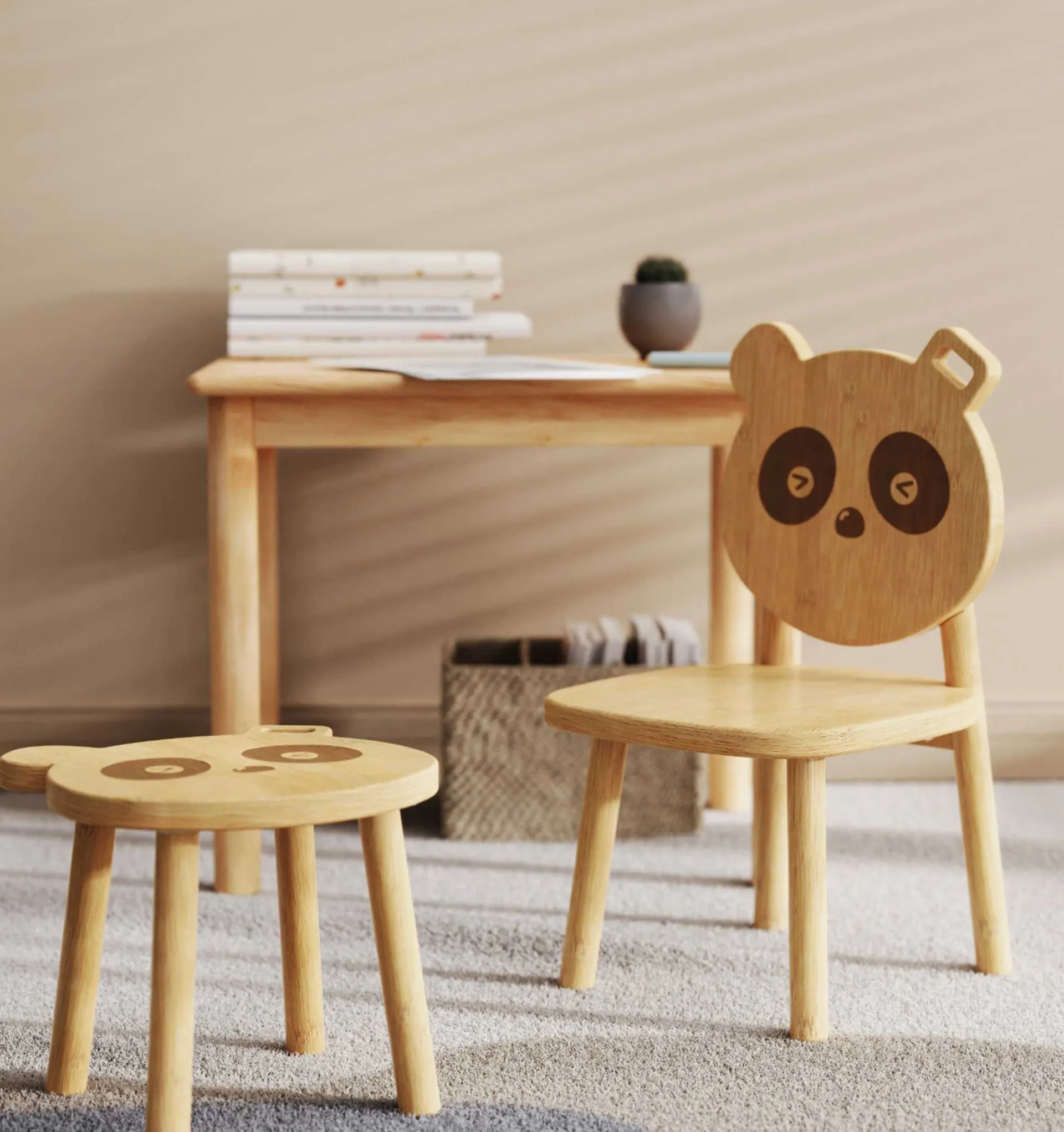Kinder Emob Exclusive PandaKindertischset : Tisch, zwei Stühle, zwei Hocker - Bambusholz