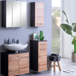 Held ParesBadezimmer : Spiegelschrank, Waschtischunterschrank, Hängeschränke - Graphit/Eiche