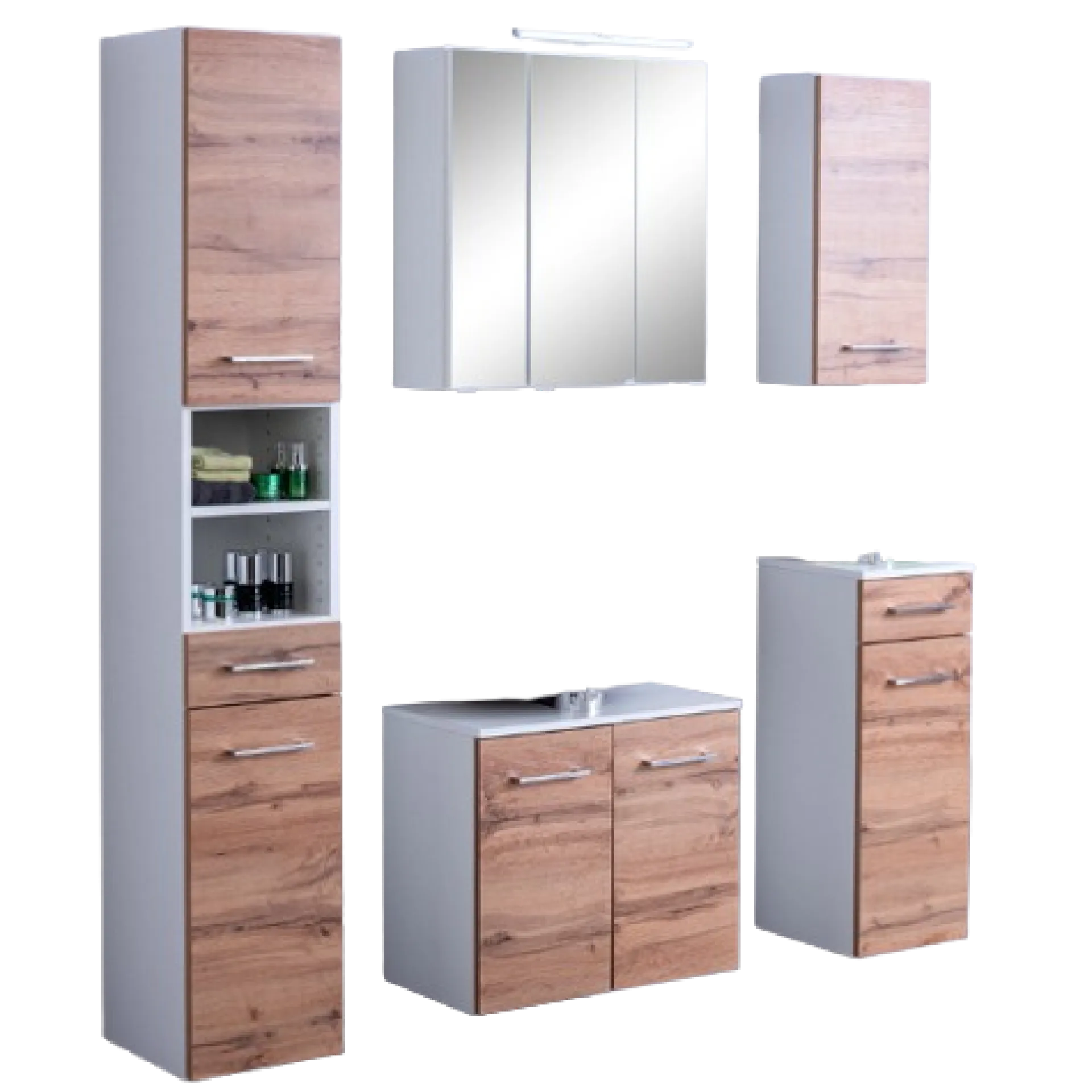 Held ParesBadezimmer : Säulenschrank, Spiegelschrank, Waschtischunterschrank, Hängeschränke - Eiche/Weiß