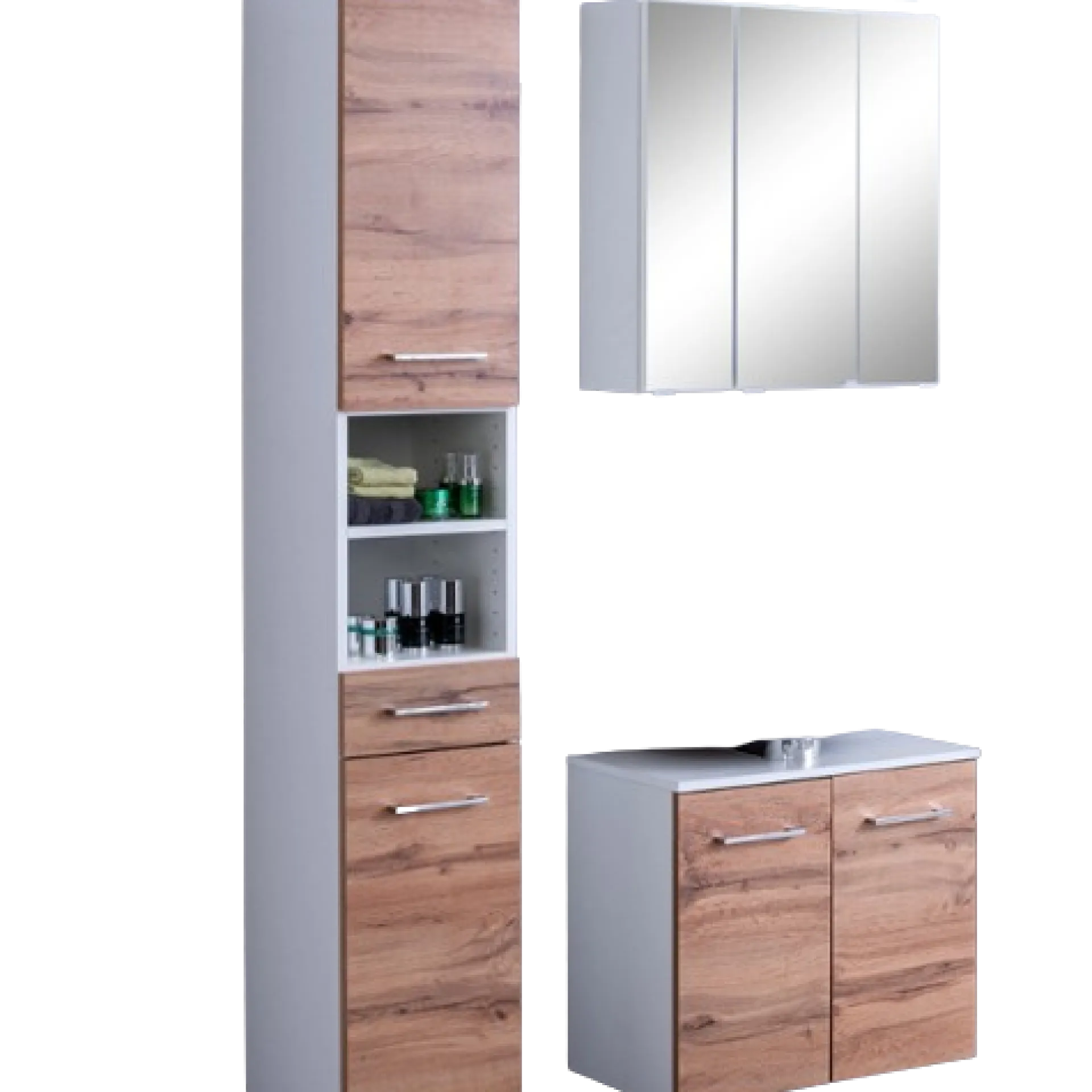 Held ParesBadezimmer : Säulenschrank, Spiegelschrank, Waschtischunterschrank - Eiche/Weiß
