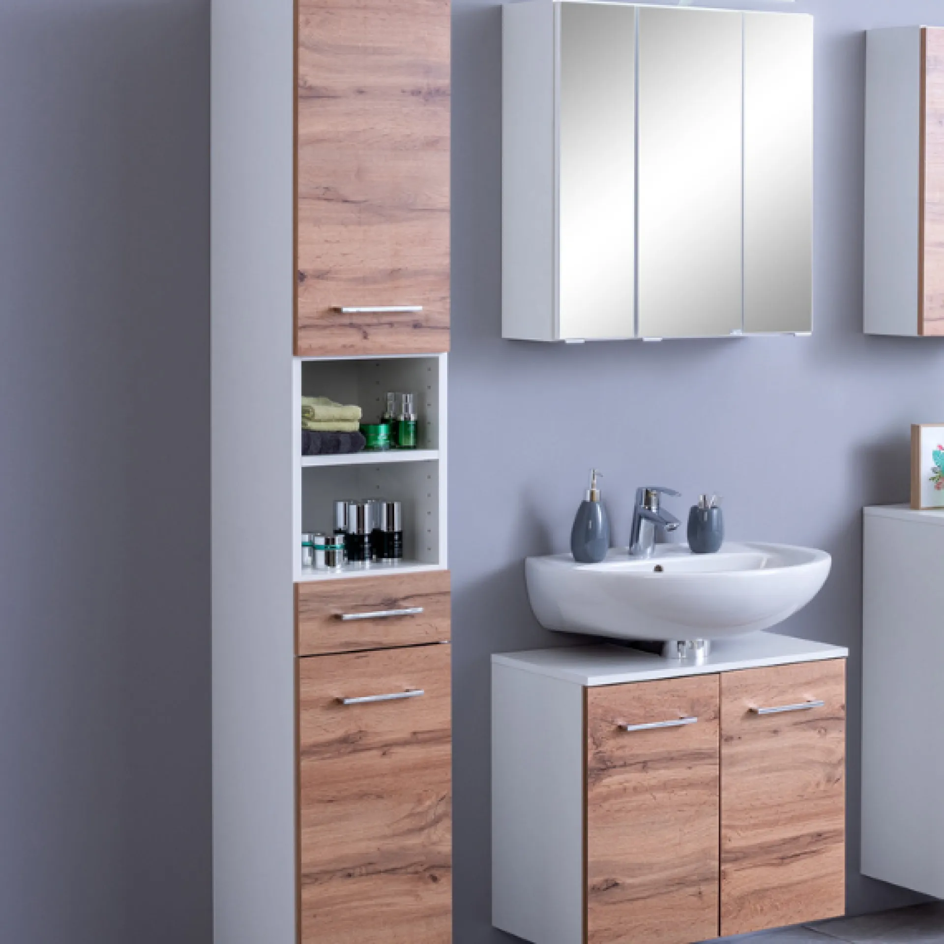 Held ParesBadezimmer : Säulenschrank, Spiegelschrank, Waschtischunterschrank - Eiche/Weiß