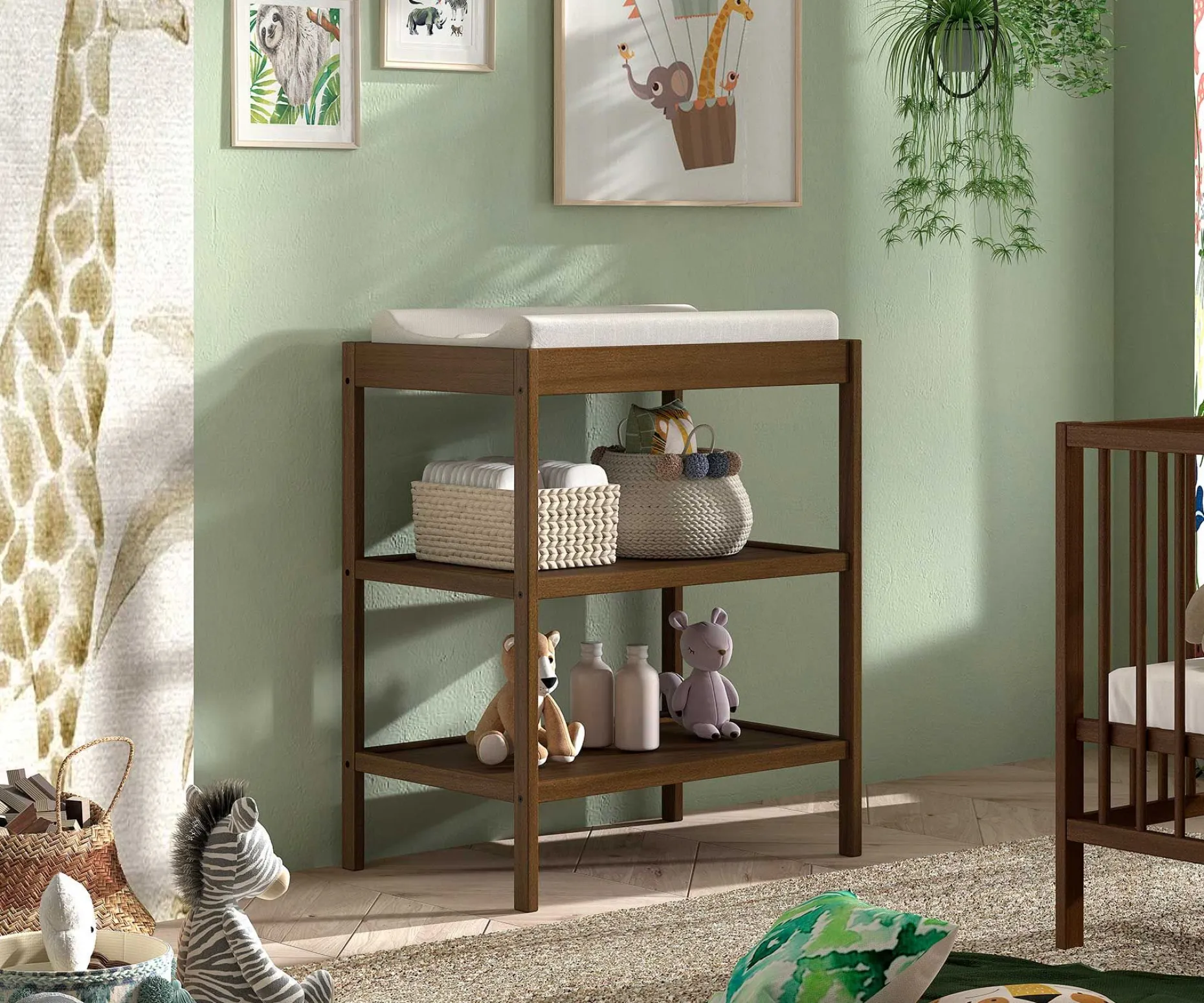 Pflegetisch Dino mit zwei Einlegeböden - Massivholz Buche - Farbe Walnuss