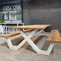 Gescova Picknicktisch Charles - Aluminium Weiß, Teak - 280x100 cm - Braun/Weiß