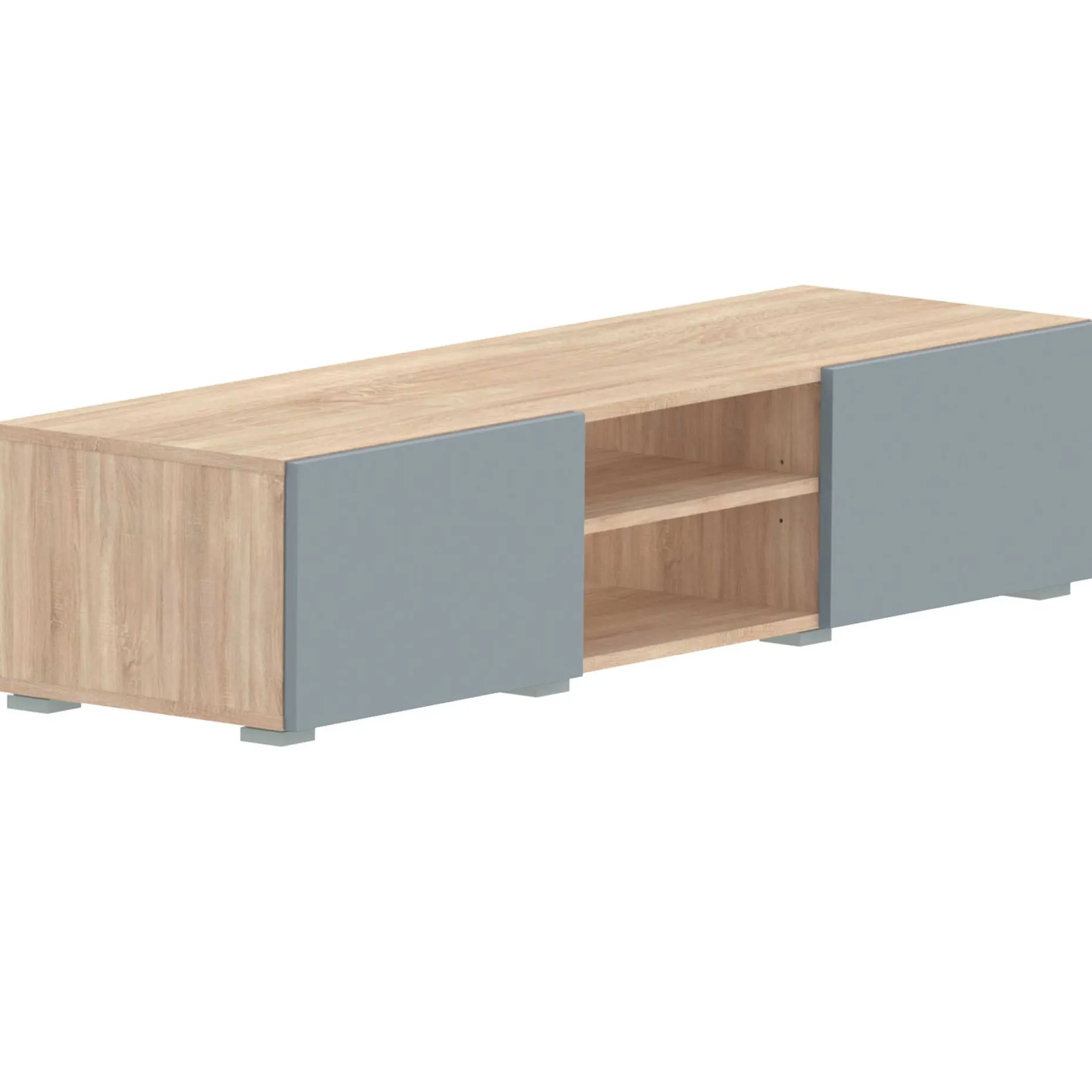 Polka TV-Schrank 140 cm 2 Flügeltüren, 2 offene Fächer - Eiche /Celadon grau