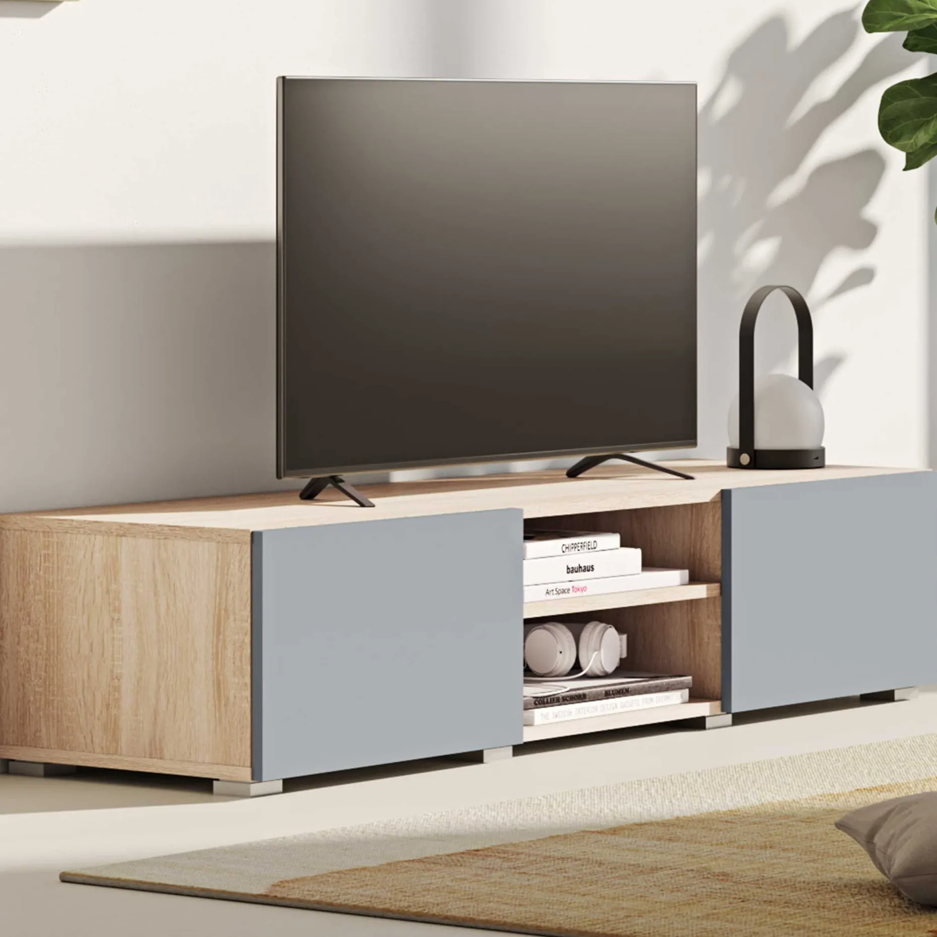 Polka TV-Schrank 140 cm 2 Flügeltüren, 2 offene Fächer - Eiche /Celadon grau