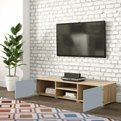 Polka TV-Schrank 140 cm 2 Flügeltüren, 2 offene Fächer - Eiche /Celadon grau