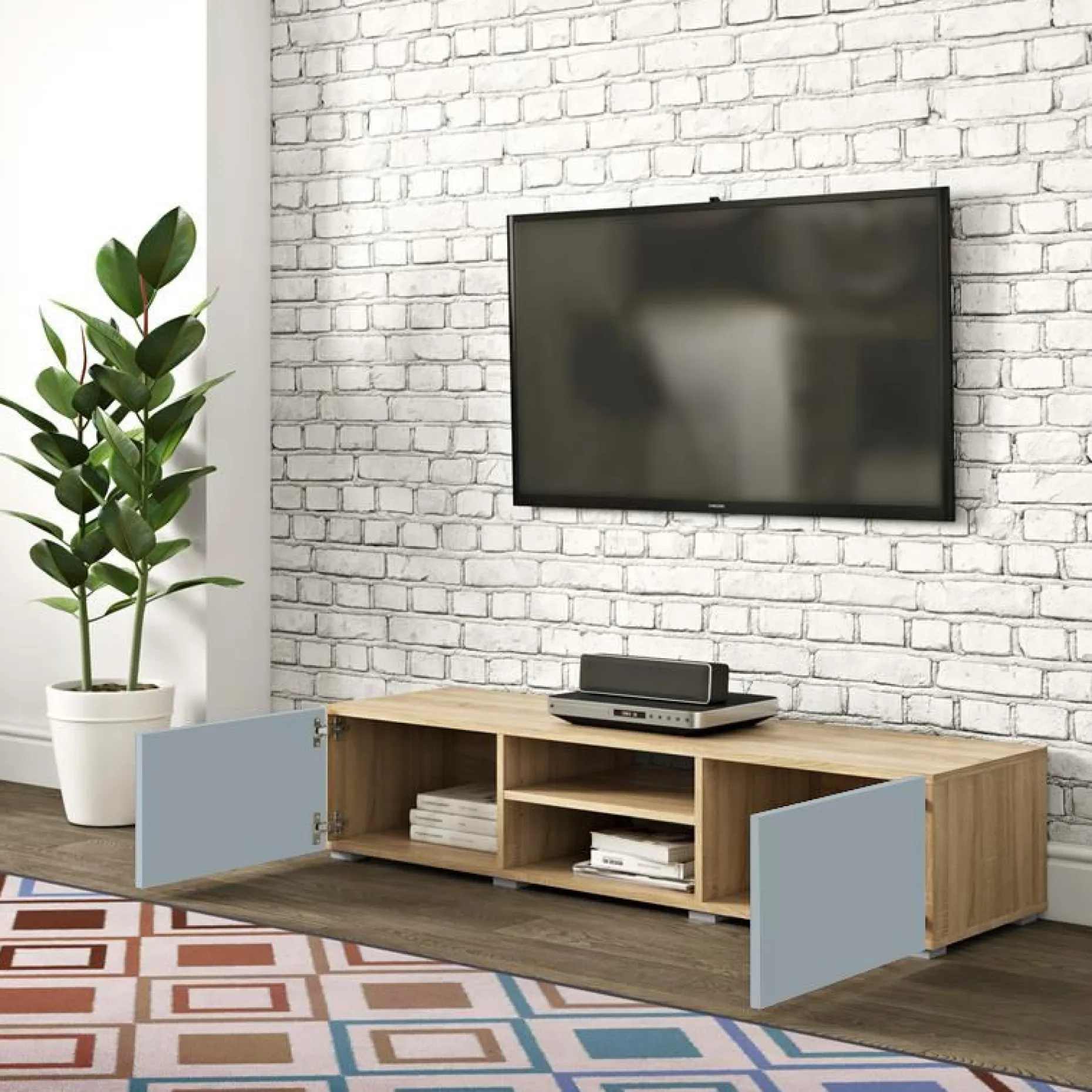 Polka TV-Schrank 140 cm 2 Flügeltüren, 2 offene Fächer - Eiche /Celadon grau