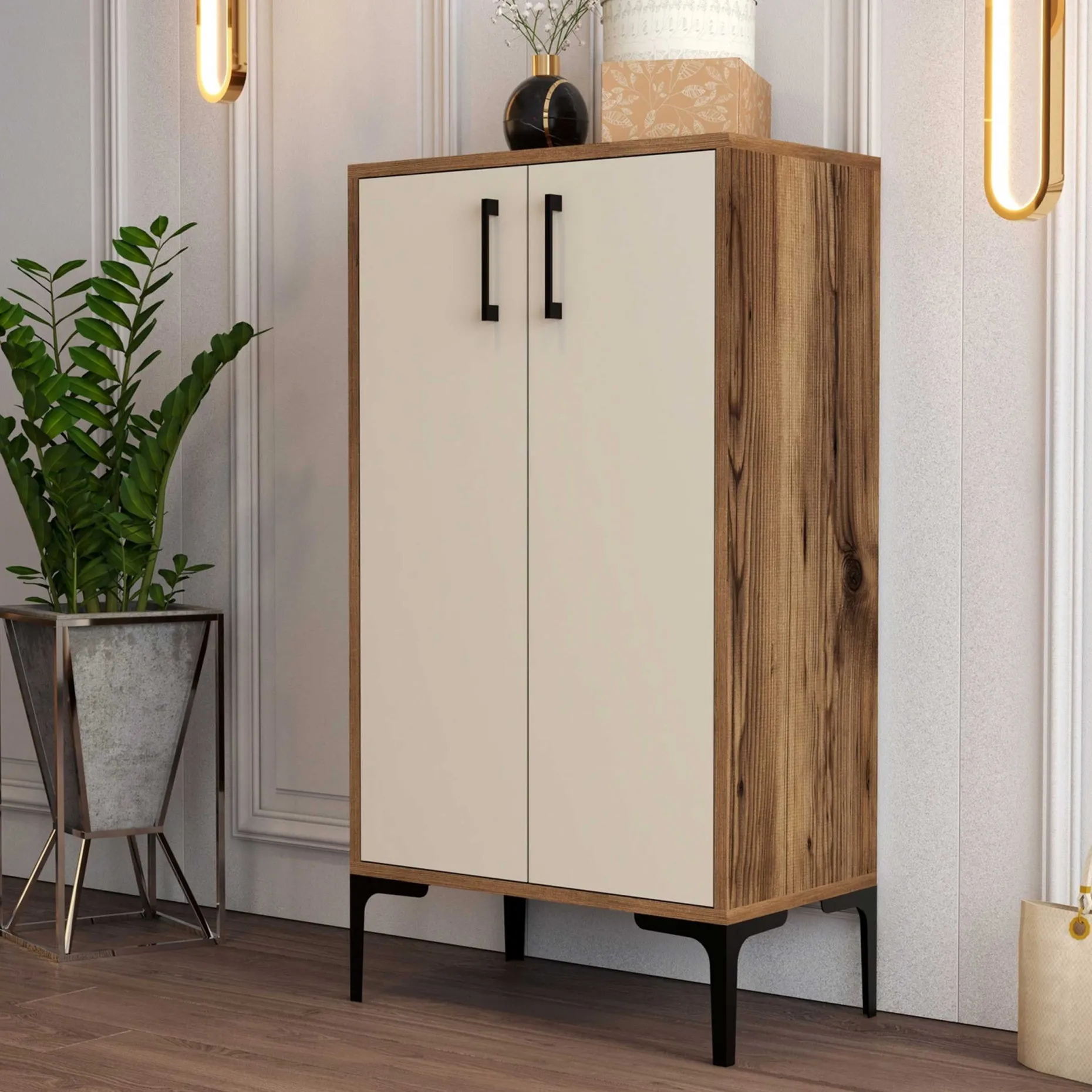 Prag Schuhschrank | 100 % MELAMIN | Walnuss, Creme