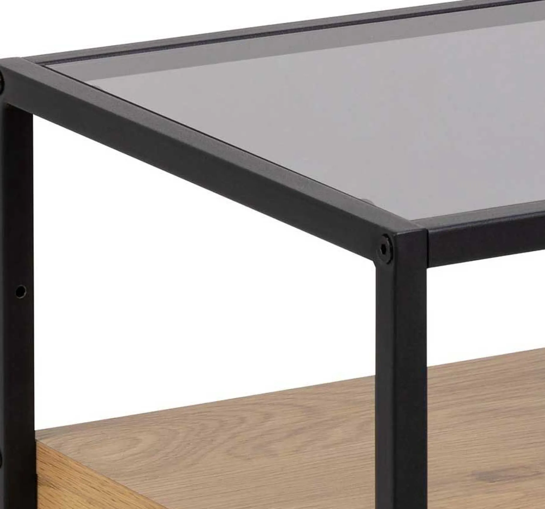 Quadratischer Nachttisch aus roher Eiche, Rauchglas und Stahl