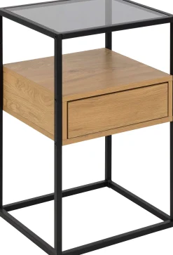 Quadratischer Nachttisch aus roher Eiche, Rauchglas und Stahl