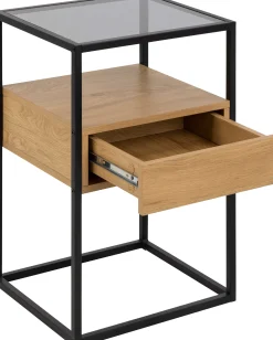 Quadratischer Nachttisch aus roher Eiche, Rauchglas und Stahl