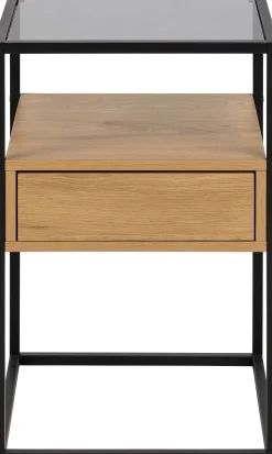 Quadratischer Nachttisch aus roher Eiche, Rauchglas und Stahl