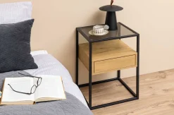 Quadratischer Nachttisch aus roher Eiche, Rauchglas und Stahl