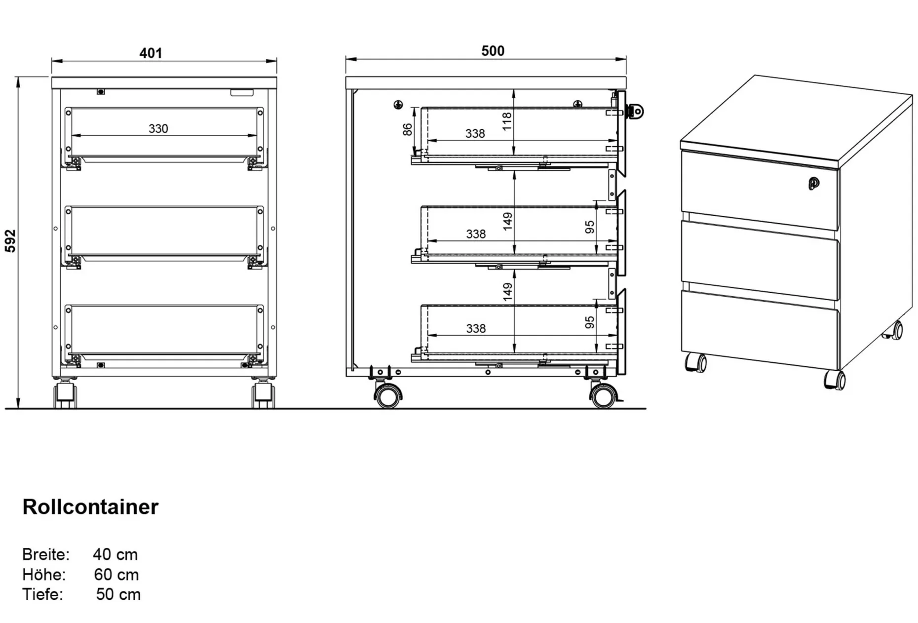 Rollcontainer Miguel 3 Schubladen - Anthrazit/Eiche