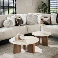 Emob Romano Runder Keramischer Travertin Couchtisch Set/2