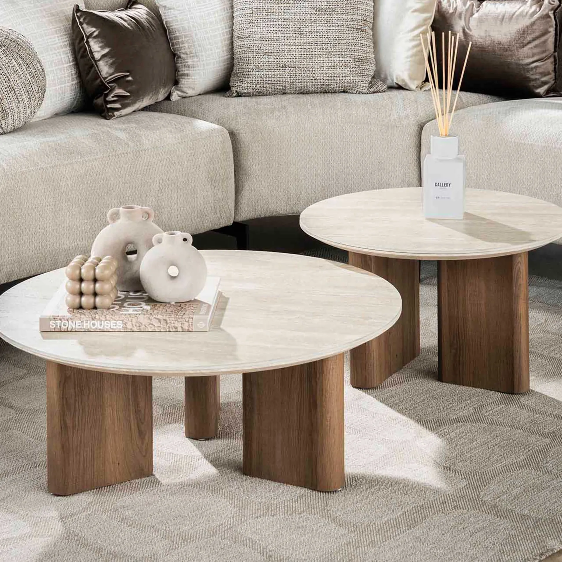 Emob Romano Runder Keramischer Travertin Couchtisch Set/2