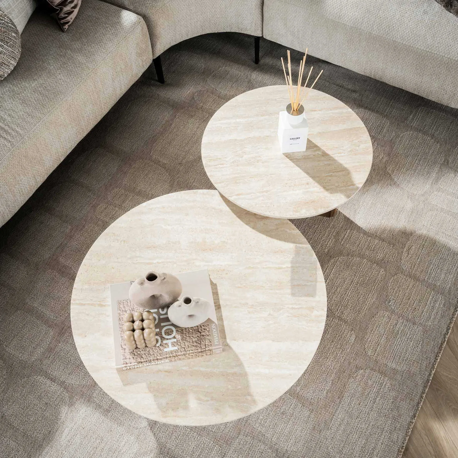 Emob Romano Runder Keramischer Travertin Couchtisch Set/2