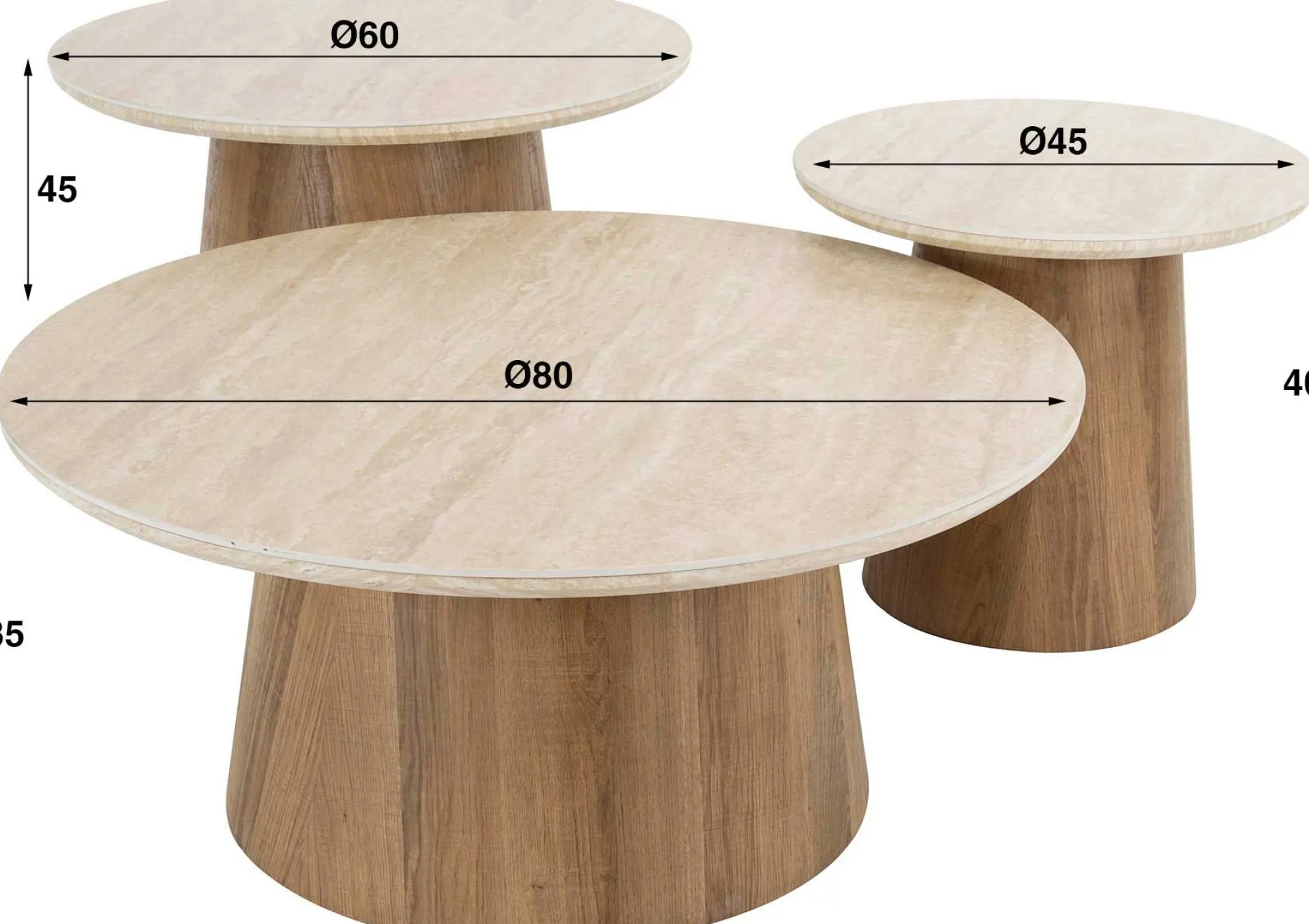 Emob Romano Runder Keramischer Travertin Couchtisch Set/3