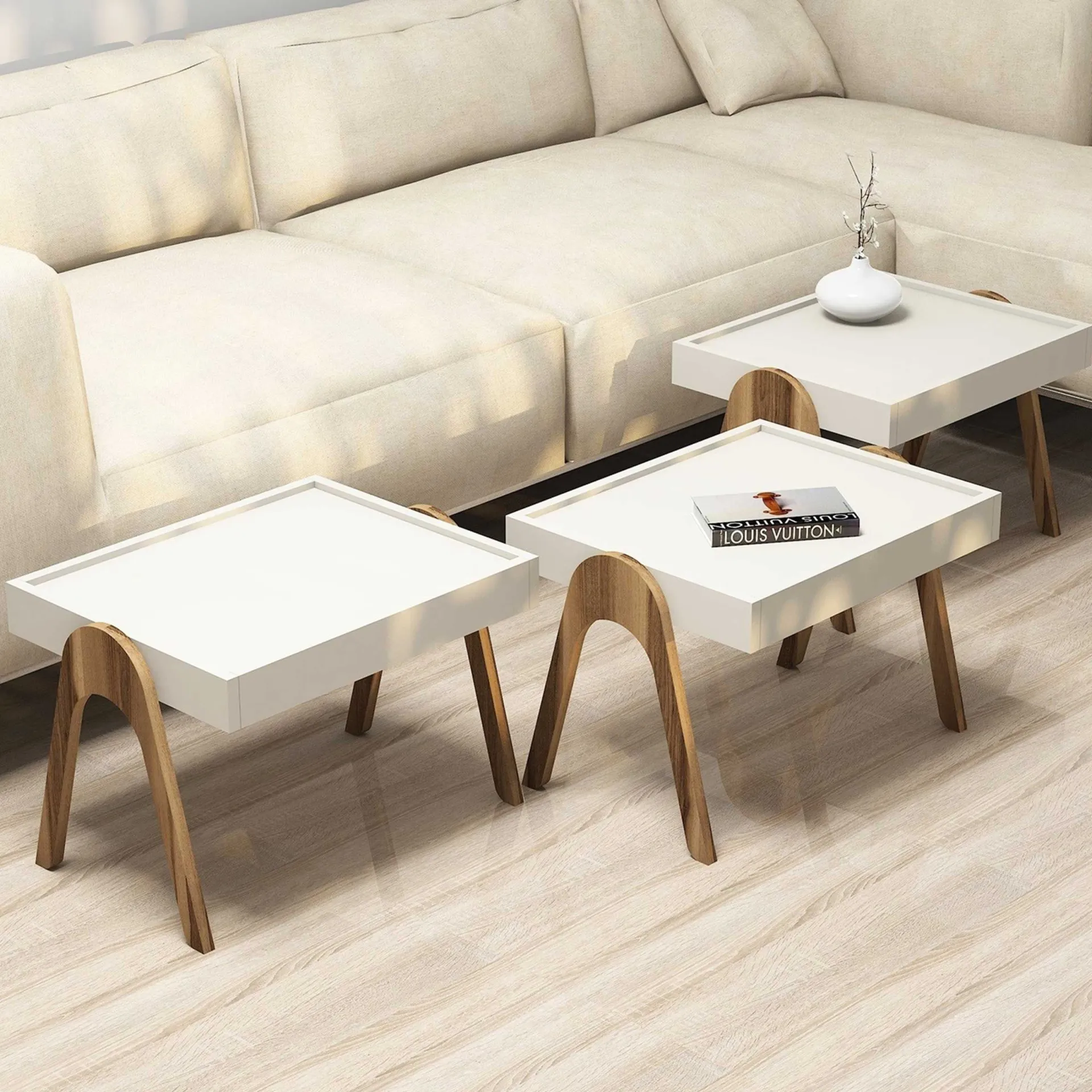 Emob Roma Satztisch (3-teilig) | 100 % MELAMIN | Walnuss, Creme