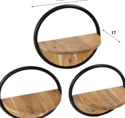 Rundes Wandregal aus Akazienholz Set/3 mit Metallakzenten