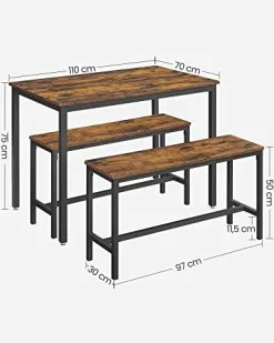 Vasagle Rustikales 3er-Esszimmer-Set mit Tisch und Bänken Stahlrahmen Industriedesign