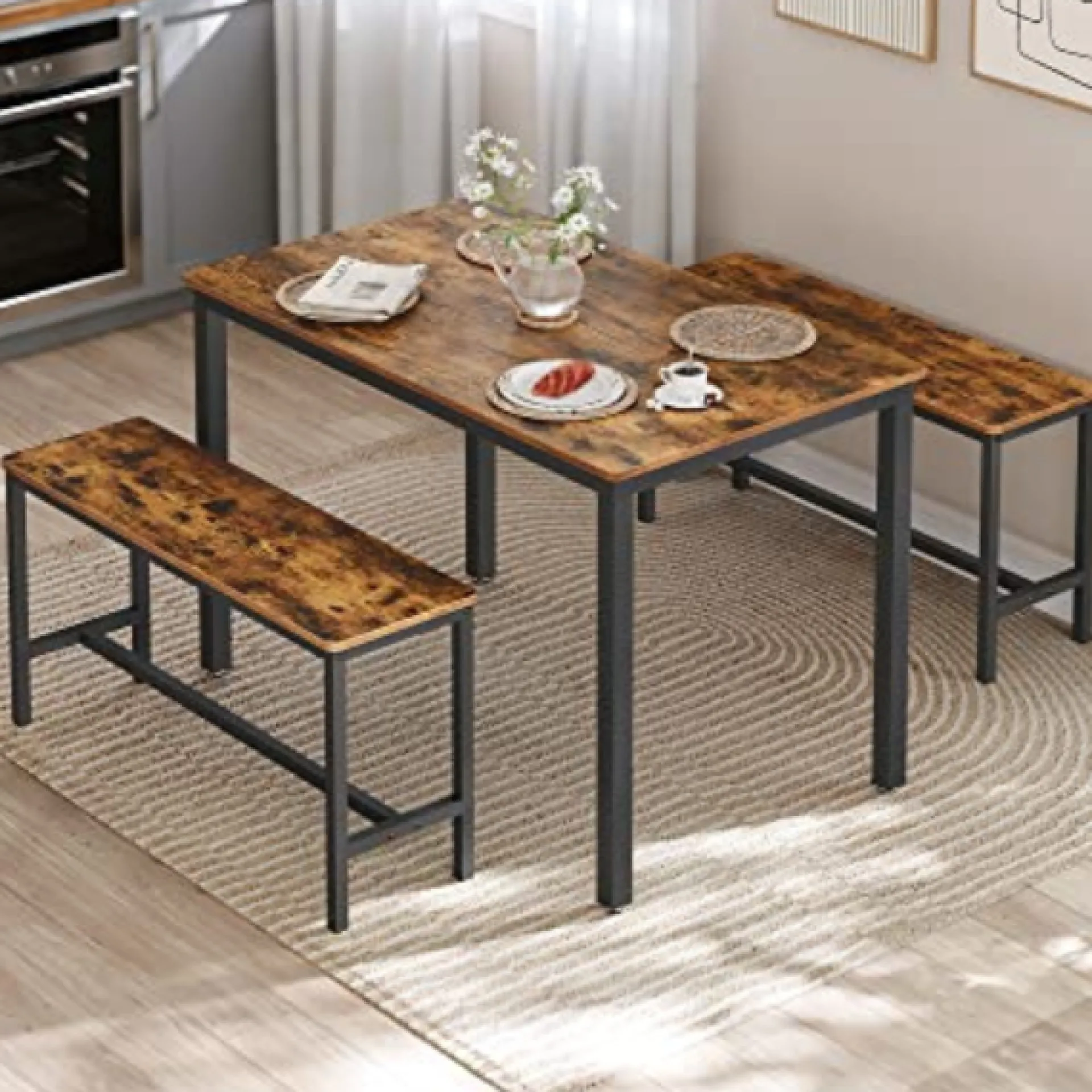 Vasagle Rustikales 3er-Esszimmer-Set mit Tisch und Bänken Stahlrahmen Industriedesign