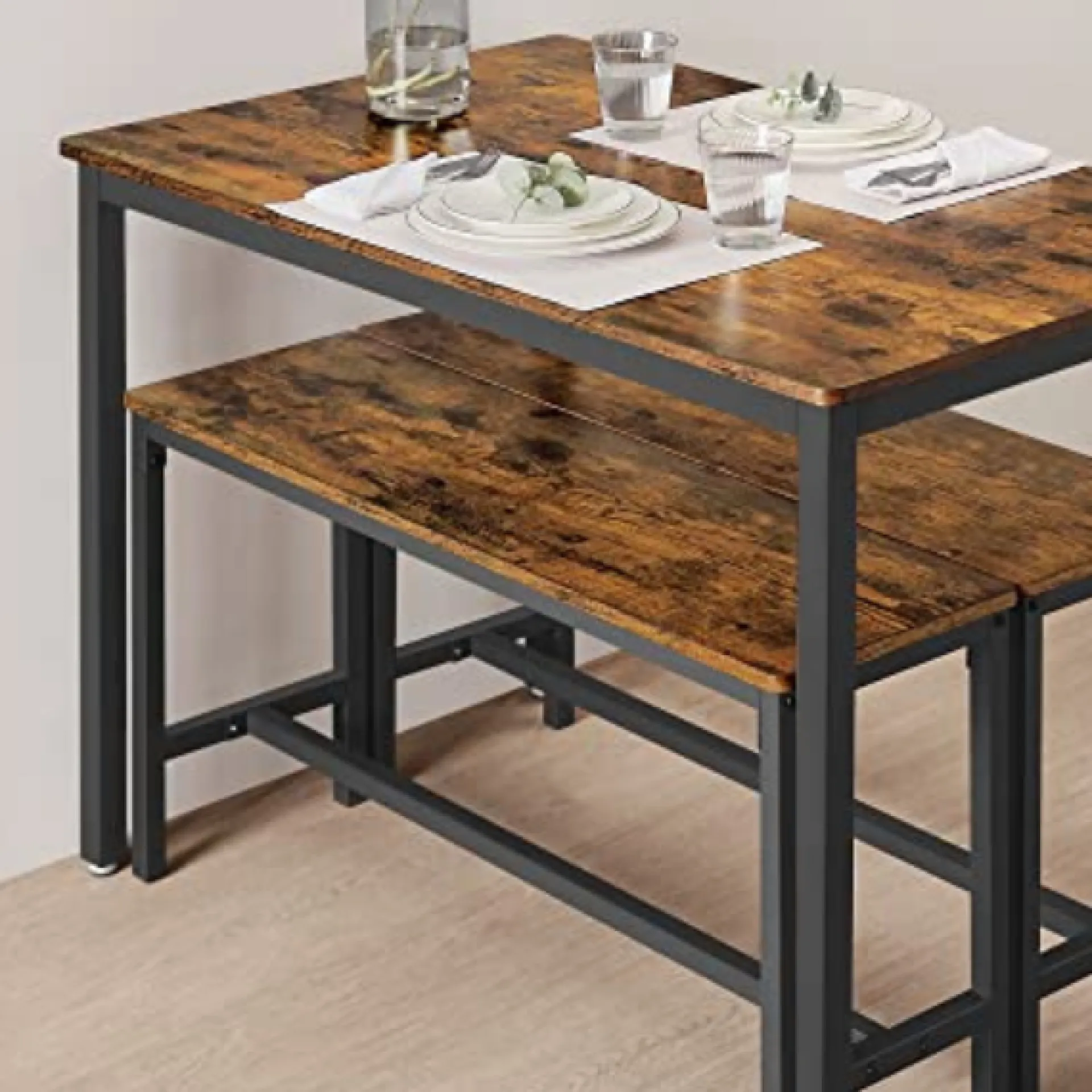 Vasagle Rustikales 3er-Esszimmer-Set mit Tisch und Bänken Stahlrahmen Industriedesign