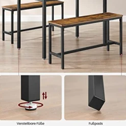 Vasagle Rustikales 3er-Esszimmer-Set mit Tisch und Bänken Stahlrahmen Industriedesign