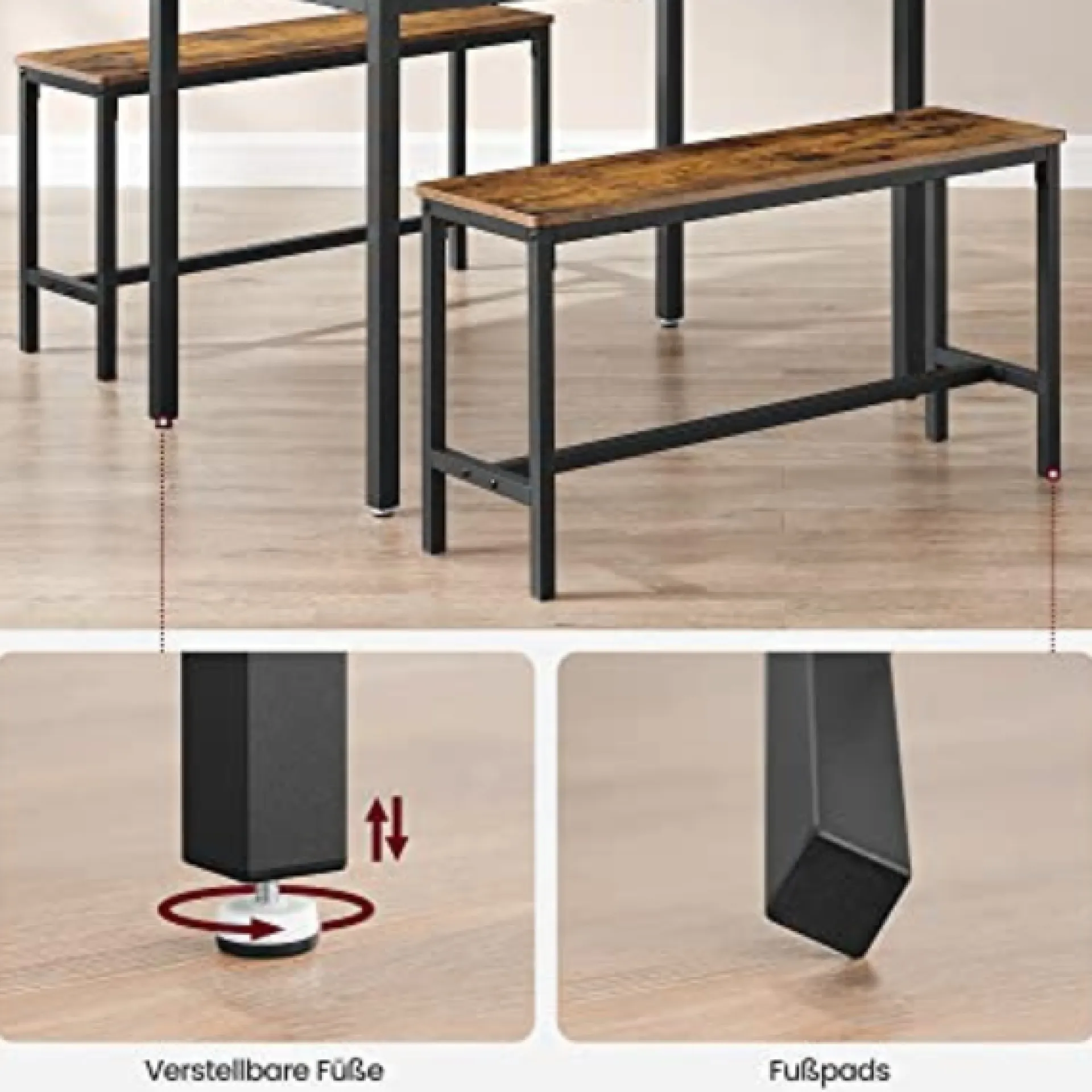 Vasagle Rustikales 3er-Esszimmer-Set mit Tisch und Bänken Stahlrahmen Industriedesign