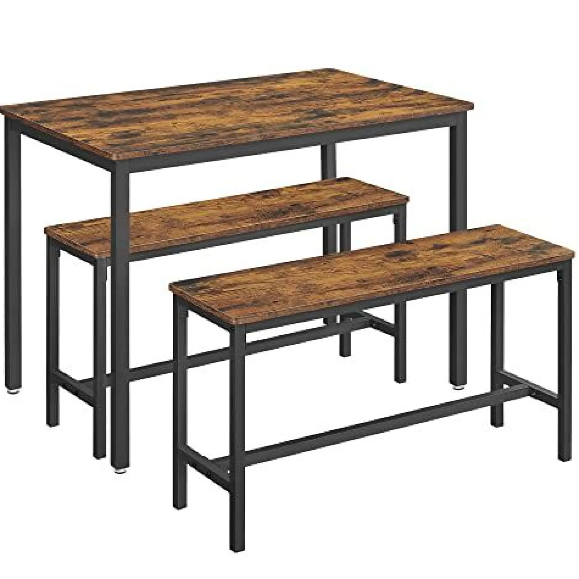 Vasagle Rustikales 3er-Esszimmer-Set mit Tisch und Bänken Stahlrahmen Industriedesign