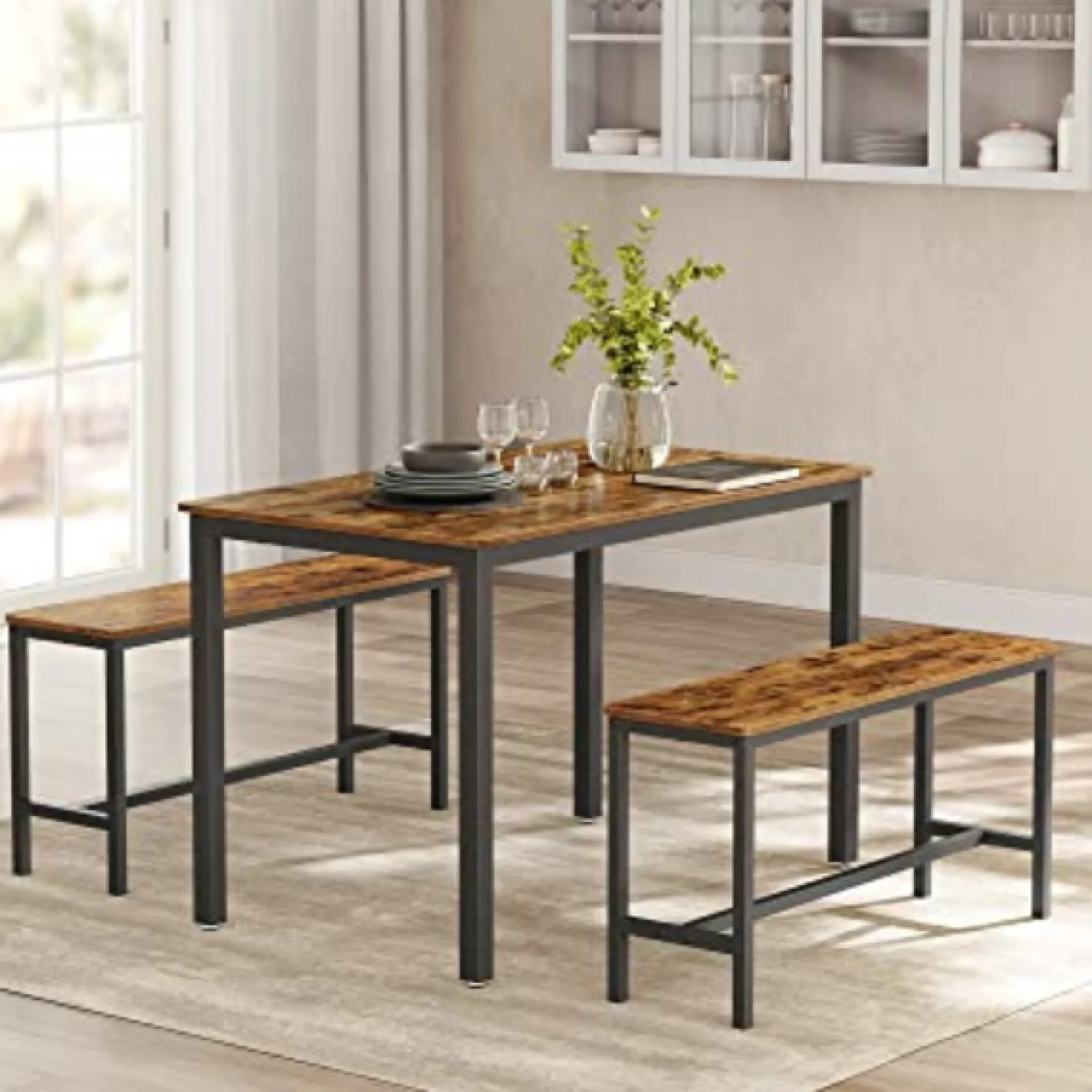 Vasagle Rustikales 3er-Esszimmer-Set mit Tisch und Bänken Stahlrahmen Industriedesign