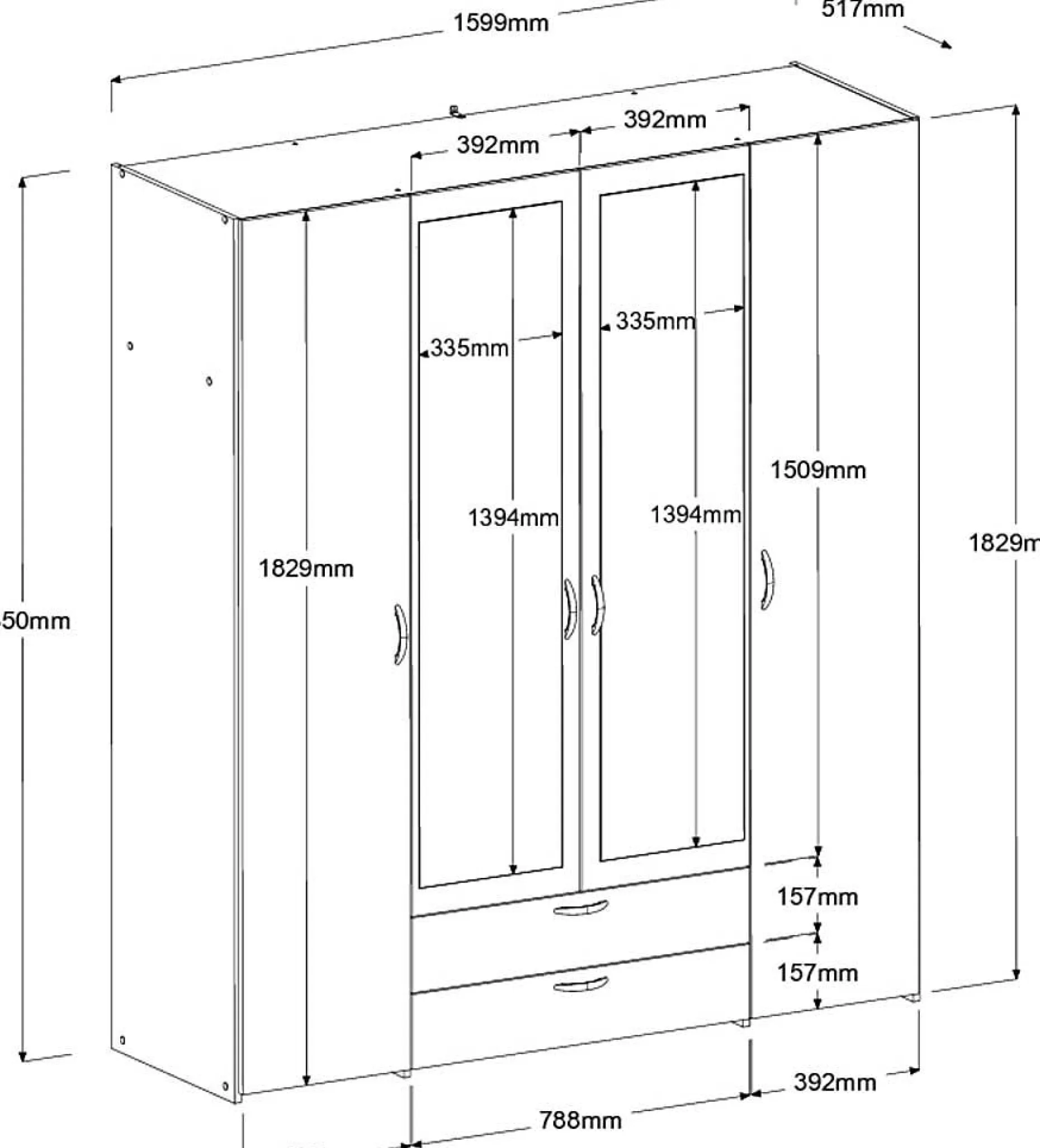 Salvador Kleiderschrank mit Spiegel, 4 Türen und 2 Schubladen - jackson oak